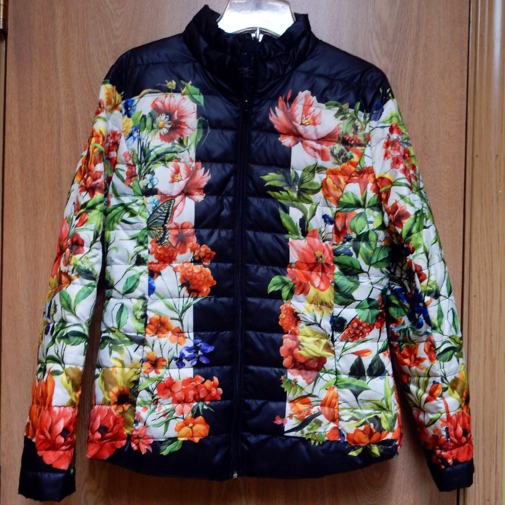 Womens Sharif Couture Colorful Flowered Black Down Poly Designer Jacket XS